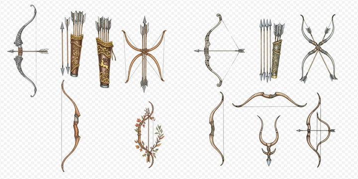 Collection of various archery bows and quivers with arrows, isolated on a transparent background, depicting ancient and modern weapon designs for hunting and sport.
