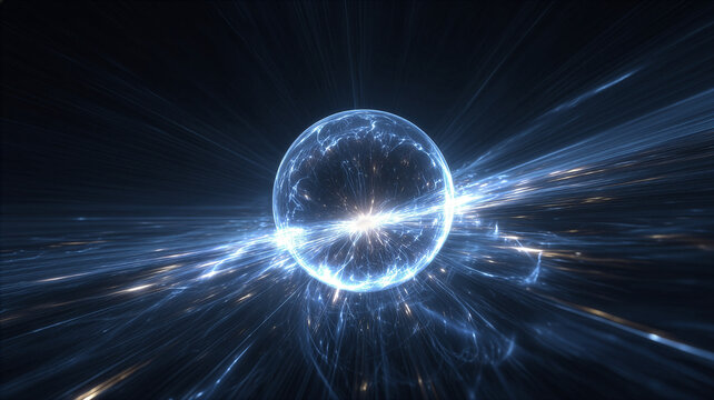 Abstract digital background of glowing energy sphere in deep space, futuristic explosion of blue light rays, cosmic power and technology concept.