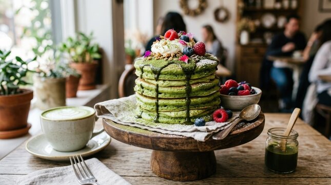 Matcha pancakes stacked high on rustic stand, green tea dessert concept with soft focus background and elegant brunch presentation, realistic detail, no logos