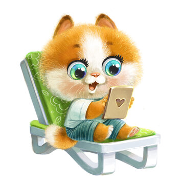 Cute cartoon kitten on sun lounger with tablet on a summer vacation isolated on a white background