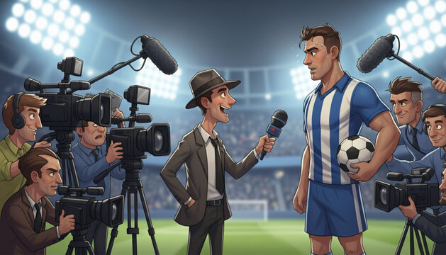 Cartoon reporter interviewing a player after the match, cameras and microphones all around, soft colors, cinematic night lighting with stadium lights.