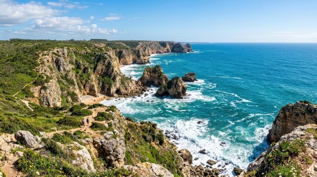 Beautiful coastal landscape with cliffs and blue ocean waves, panoramic seaside scenery with rugged shoreline and vibrant water, bright travel backdrop, natural sunlight, realistic photography, no