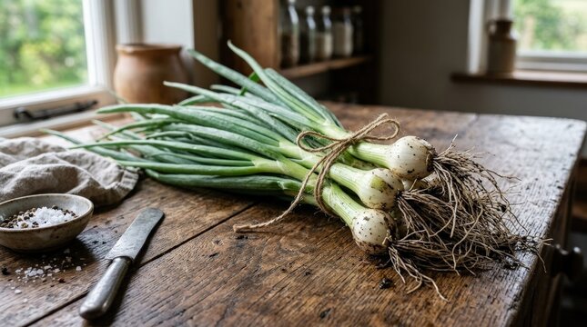 Bunch of fresh spring onions with roots on rustic wooden surface, farm fresh produce concept with natural texture and organic kitchen styling, realistic detail, no logos