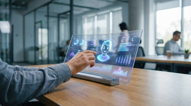 AI interaction demonstration in a modern office, futuristic digital content for enhanced user engagement, close-up technology scene, polished professional environment, realistic detail, no logos