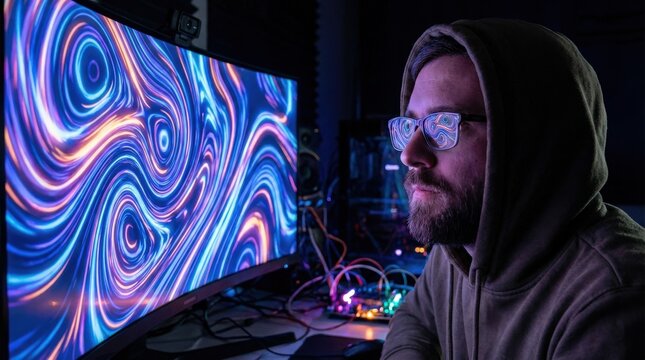 Man looking at digital screen with vibrant patterns in dark room, immersive technology, data visualization, and innovation concept with dramatic neon glow, realistic detail, no logos