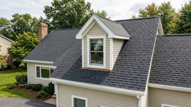 Suburban house asphalt shingle roof with dormer window, residential construction and home exterior detail concept under natural daylight, realistic detail, no logos