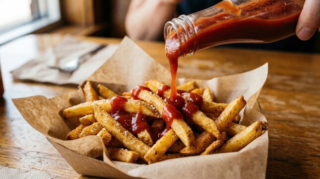 Pouring ketchup onto golden french fries, close up comfort food scene with crisp texture and rich sauce, appetizing fast food styling, realistic detail, no logos