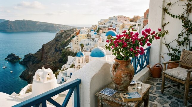 Potted plant in an old vase on a balcony in Santorini, Mediterranean travel and home decor concept with white architecture and soft coastal light, realistic detail, no logos