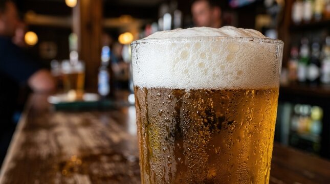 Macro shot of beer with bubbly foam and condensation, refreshing beverage concept with crisp texture and cold golden appeal, realistic detail, no logos