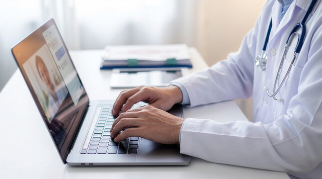 Doctor working on laptop for online medical consultation, telemedicine, teleconsultation, remote healthcare, online doctor visit concept
