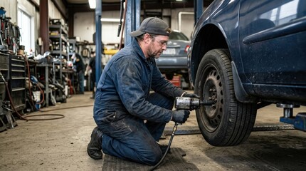 Fototapeta premium Mechanic wearing glasses and cap tightening lug nuts on car wheel, automotive service concept, focused repair work in workshop, no logos