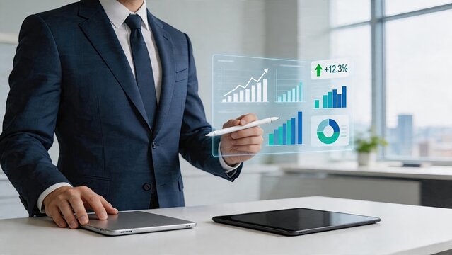 Businessman interacting with holographic financial charts futuristic stock market growth data blue and green bar graphs showing 123 percent increase profit analytics