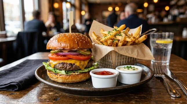 Hamburger with vegetables and well-presented fries, restaurant meal with balanced plating and appetizing fast-food appeal, realistic detail, no logos