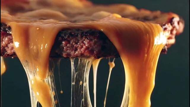 Gooey Melted Cheese Dripping from a Sizzling Grilled Burger Patty Close Up