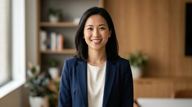 Smiling Asian woman standing for a headshot portrait, clean professional profile image with natural expression and soft flattering light, realistic detail, no logos