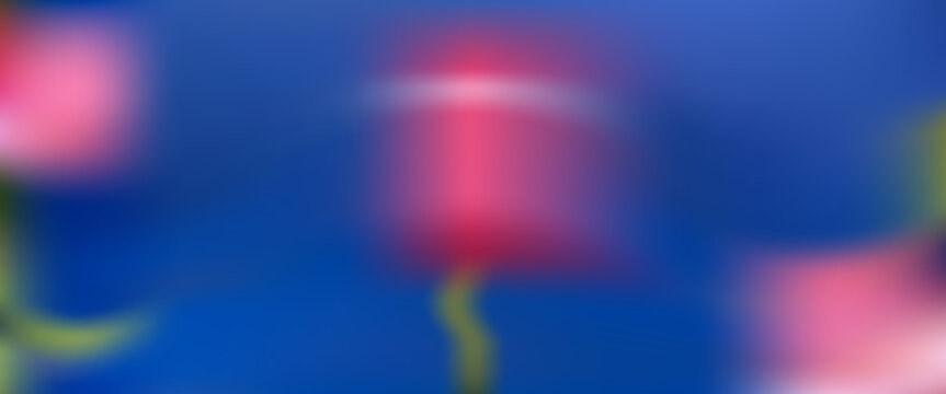 Blurred gentle rose or tulip flowers on blue background. Abstract ethereal pink florals gradient backdrop. Vector spring botanical gradation template for presentation. Soft smooth botanical blurry bg.