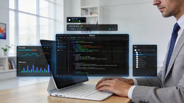 Businessman coding in modern office with futuristic holographic python program interface floating above laptop computer screen displaying real time system performance monitoring