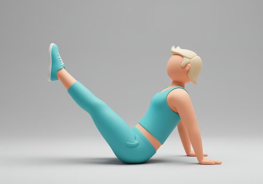 3d character of a blonde woman in cyan sportswear performing a seated v-sit yoga exercise on grey 3d background