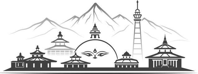 Fototapeta premium Nepal skyline with spiritual symbols and Himalayan mountain vector