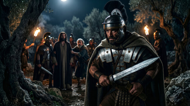 Man holding a sword, preparing for a confrontation during the arrest of Christ in Gethsemane, biblical story.