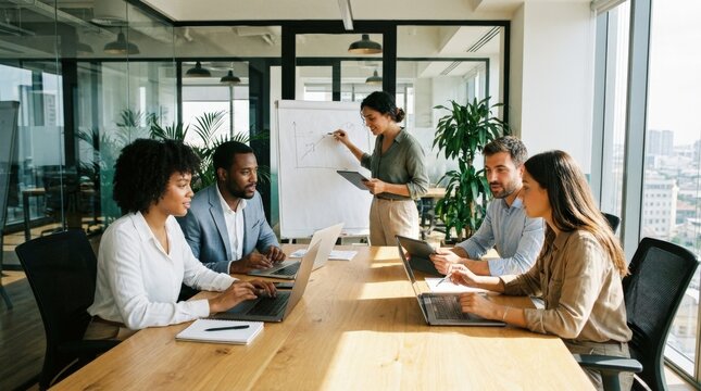 Business people collaborating in modern office using laptops, professional teamwork and productivity concept, bright corporate environment, realistic detail, no logos