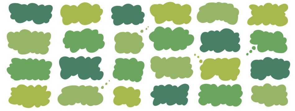 Green organic cloudy shapes set. Speech bubble with frame fluff eco label. Wavy sticker promo badge with cute nature design. Flat doodle icon with think frame, background. Vector fluffy label shape.