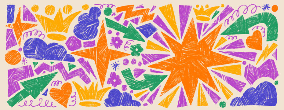 Geometric crayon figures for school and kid pattern poster. Hand drawn geometric forms with crayon texture and chalky finish. Playful vector design crown, star and arrow isolated on beige background.