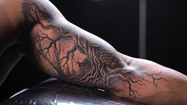 Intricate black and grey forest tattoo on human arm