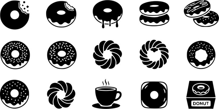 Donut and Coffee Vector Icon Set Featuring Glazed Pastries, Sprinkles, and Bakery Delivery Box