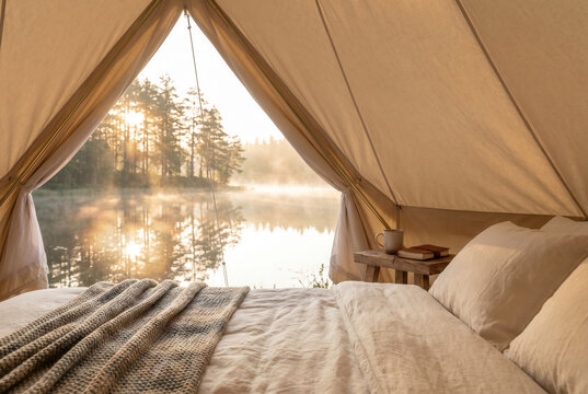 Soft bedding inside a tent faces a sunlit lake for a peaceful digital detox escape in warm morning light.