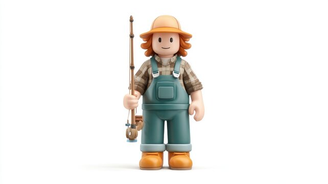 Cheerful 3D Fisherman Character in Teal Overalls and Orange Hat, Isolated on White