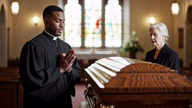A priest and a woman praying with hands clasped beside a coffin in a church, mourning and remembrance, religious ceremony, peaceful atmosphere