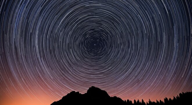 Star Trails Over Mountain Silhouette at Dusk Night Sky Photography