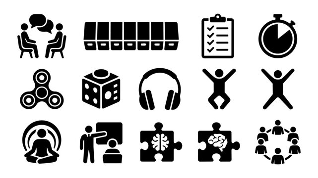 ADHD Therapy Silhouette Set &ndash; Daily Management, Coping Strategies and Support Icons