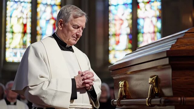 Elderly clergyman in white vestments praying with hands clasped beside a wooden coffin in a dimly lit church with stained glass windows