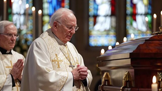 Priest in ornate vestments praying with hands clasped beside a coffin in a church, religious service, funeral, solemn moment