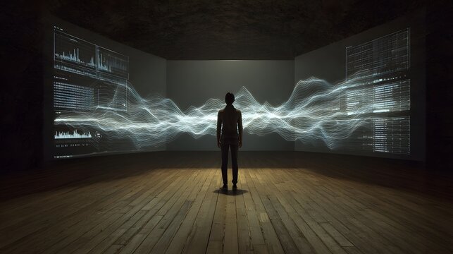 A person stands within a technologically advanced environment surrounded by intricate glowing data visualizations representing information flow and