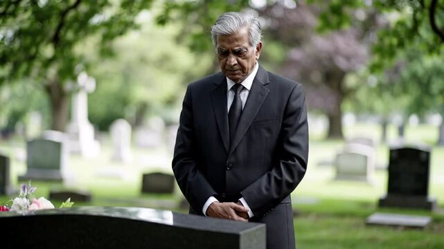 Elderly man in a black suit stands with head bowed at a gravestone in a cemetery, reflecting grief and remembrance