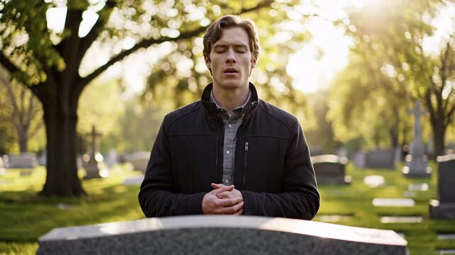 Man praying in a cemetery with eyes closed and hands clasped, bathed in warm sunset light, contemplating loss and remembrance