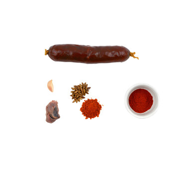 set of products for Traditional Bulgarian lukanka dried cured sausage sliced and isolated on white background