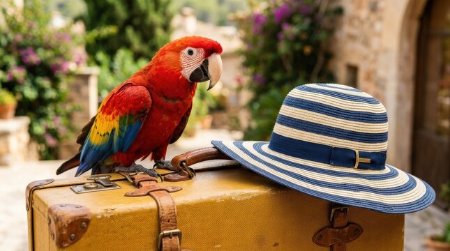 Close-up red parrot beside striped summer hat on suitcase, stylish travel concept with bold color and contemporary fashion-inspired direction, no logos