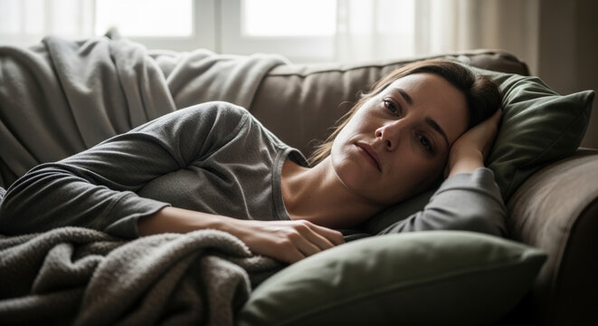 Woman feeling contemplative and alone, lying on a messy couch surrounded by pillows and blankets in a softly lit room with natural light.