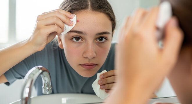 Teen examining skin with concern while squeezing blemish in bathroom mirror with modern fixtures