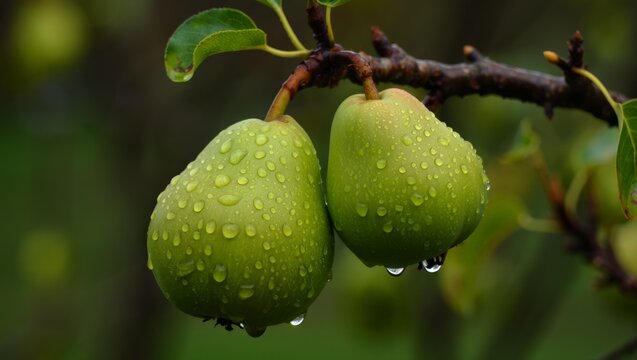 Two green pears with dew drops hanging on a branch in early morning.