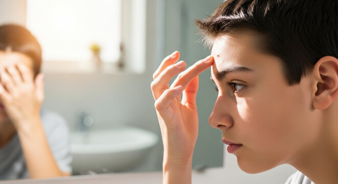 Teenager expressing concern while examining blemish in bathroom mirror with natural light illuminating surroundings