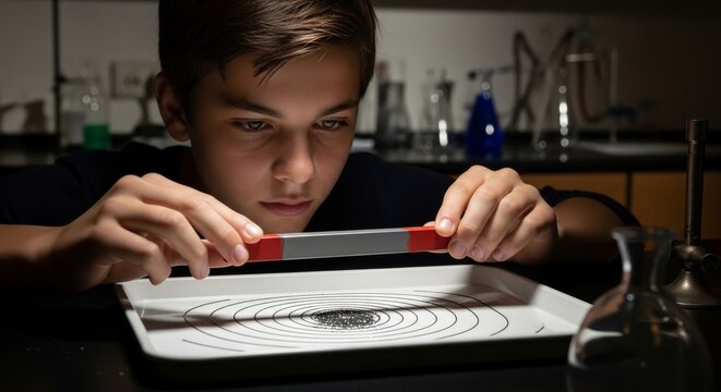 Young boy experiments with magnet and iron filings