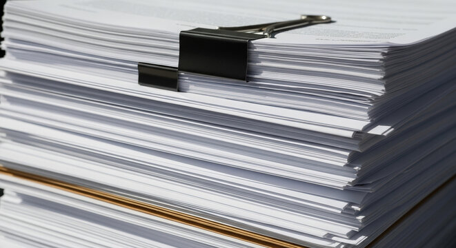 Stack of legal documents organized neatly with a clip against a clean workspace background