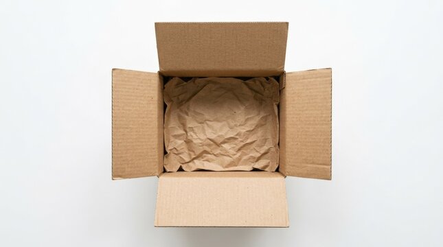 Top-down view of open brown corrugated cardboard box on white background, packaging and shipping concept with clean minimal mockup presentation, realistic detail, no logos