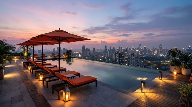 Luxury rooftop infinity pool overlooking city skyline during sunset.