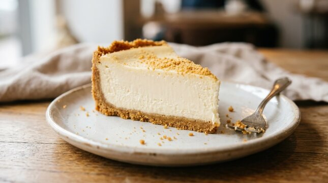 Triangular slice of creamy cheesecake with biscuit crust and crumbs, rich dessert portion with smooth texture and bakery appeal, close up presentation, soft light, no logos